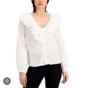INC International Concepts White Ruffled Bib Collar Blouse